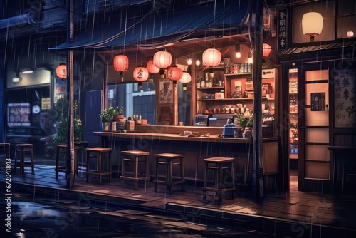 anime-inspired art style, Tokyo ramen shop glows warmly on a tranquil evening, with traditional Asian lofi architectural elements photo
