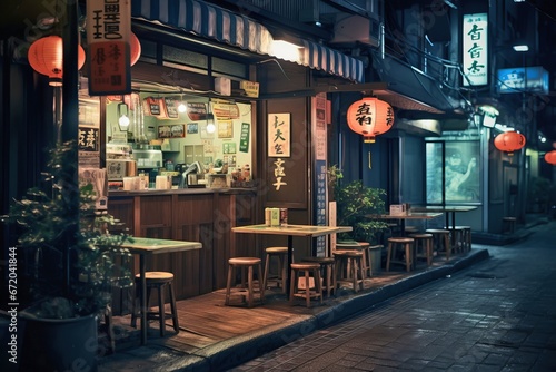 anime-inspired art style, Tokyo ramen shop glows warmly on a tranquil evening, with traditional Asian lofi architectural elements