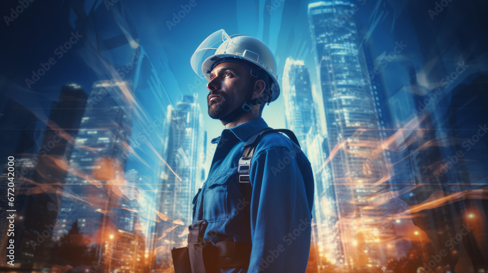 double exposure of man engineer in uniform and the construction building, beautiful city, generative ai.