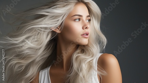 Portrait of beautiful blonde young woman with long hair on grey dark background photo