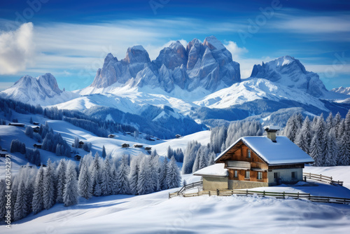 Bright winter view of Alpe di Siusi village. scene of Dolomite Alps © Kien