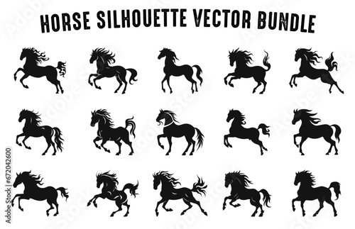 Moving Horses Silhouettes Vector Collection, Set of Horse Black Silhouettes Clipart, Stallion Horse Vector silhouettes Bundle © GFX Expert Team