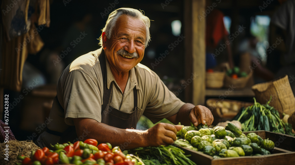 Old farmer selling fresh vegetables at rustic market.