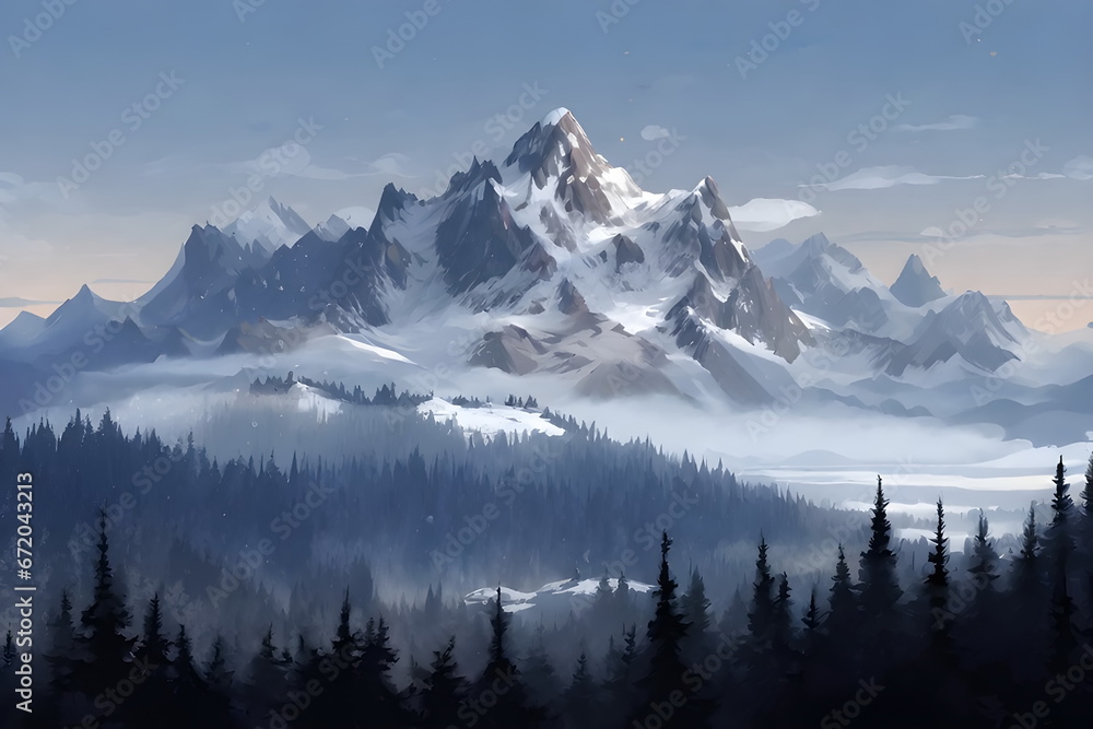 Mountain with snow on the top in taiga pine forest landscape, Digital art - obrazy, fototapety, plakaty 