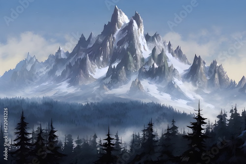 Rocky mountain with snow on the top in taiga pine forest landscape, Digital fantasy art