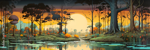 colourful cartoon style painting of the swamp landscape, a picturesque natural environment in bright colours