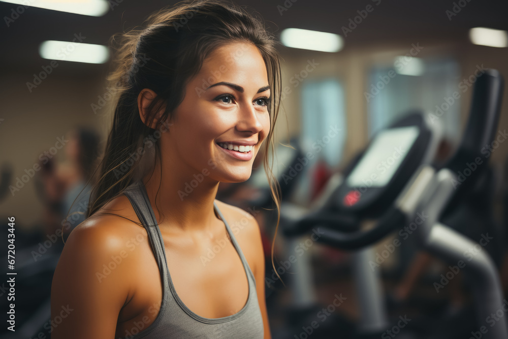 Fototapeta premium Woman doing cardio training on treadmill, working out in gym. healthy lifestyle