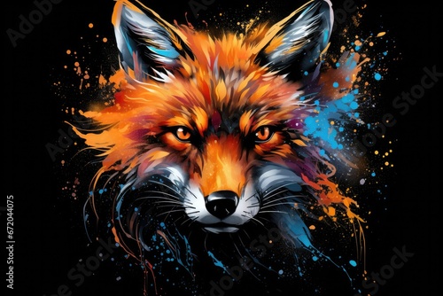 Impressive red fox predatory beast color painting motif, cool t-shirt pattern for printing, Animal that hunts its prey and eats its meat. Generative AI, Isolated on black background photo