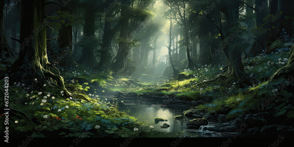 Obraz premium Forest woodland background backdrop wide angle trees magical mystical woodlands, generated ai