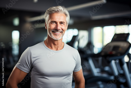 Muscular mature older athlete looking at the camera in a gym near treadmill. healthy lifestyle