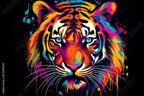 Impressive tiger predatory beast color painting motif, cool t-shirt pattern for printing, Animal that hunts its prey and eats its meat. Generative AI, Isolated on black background photo