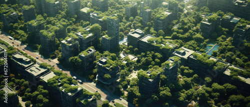 Aerial view of a small urban area with lots of green trees and wild nature