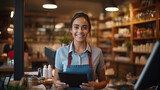 Smiling female cashier accepting payments. generative ai