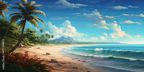 Wide panoramic beautiful tropical beach paradise palm trees blue skies background backdrop ocean sand, generated ai © dan