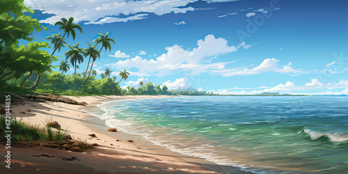 Wide panoramic beautiful tropical beach paradise palm trees blue skies background backdrop ocean sand, generated ai