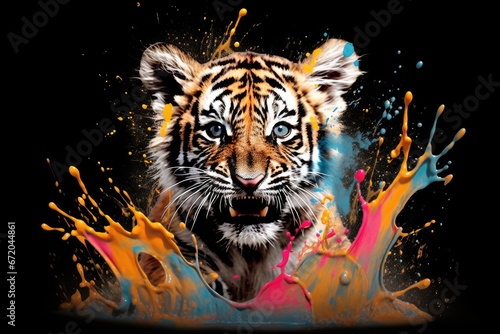 Impressive baby tiger predatory beast color painting motif, cool t-shirt pattern for printing, Animal that hunts its prey and eats its meat. Generative AI, Isolated on black background photo