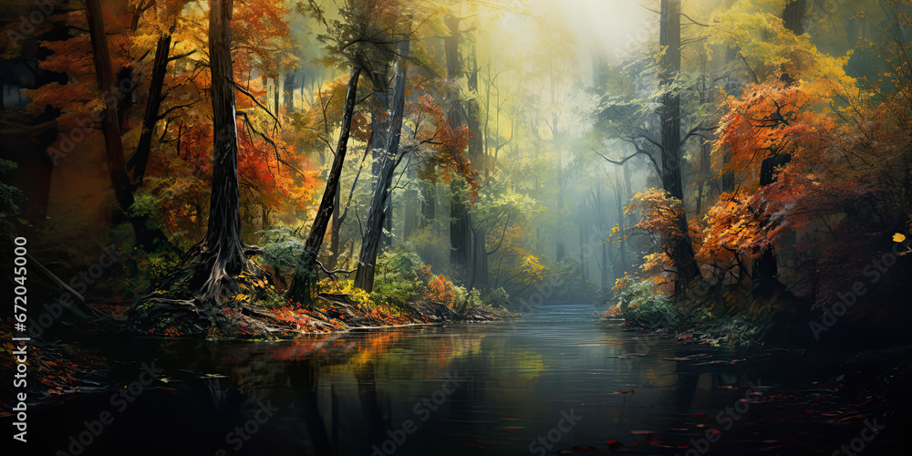 Forest woodland background backdrop wide angle trees magical mystical woodlands, generated ai