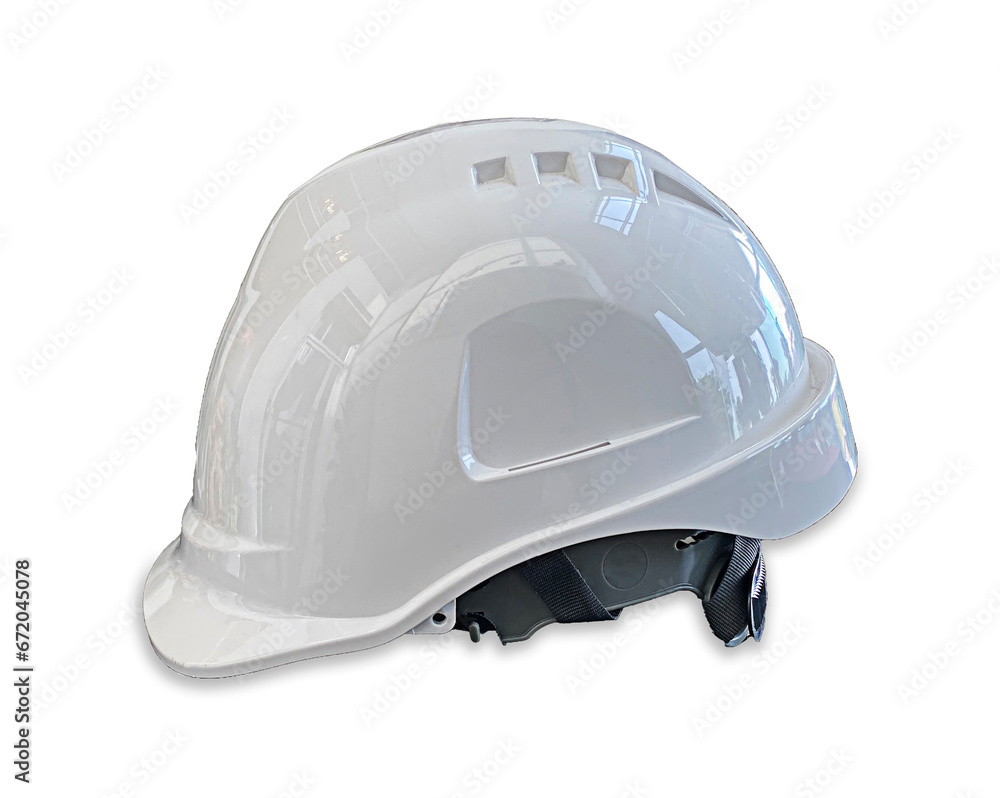 Fototapeta premium White safety helmet on white background Front view of new white helmet isolated on white background. Crossing path.