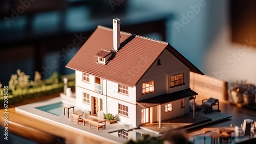 House model on architectural floorplan for Real estate business concept. generative ai