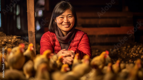 A smiling asian female chicken farmer stands with his arms folded in the poultry shed generative ai.