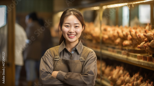 A smiling asian female chicken farmer stands with his arms folded in the poultry shed generative ai.