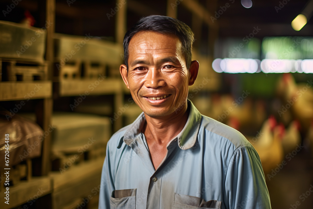 A smiling asian male chicken farmer stands with his arms folded in the poultry shed, generative ai A smiling asian male chicken farmer stands with his arms folded in the poultry shed, generative ai