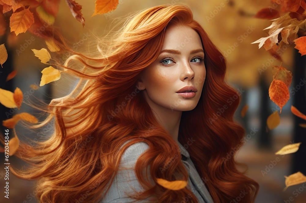 Embracing Autumn Beauty: Captivating Long Red Hair and Symbolic Autumn Leaves. Generative AI.
