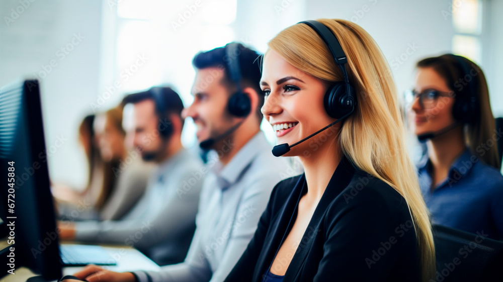 Call center workers. Men and women with headphones and microphone headset. Call center workers. Men and women with headphones and microphone headset.