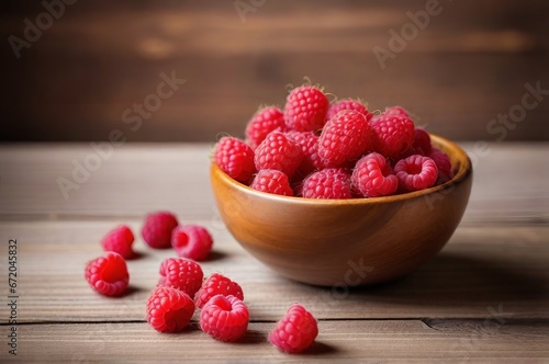Delicious Fresh Raspberries in a Rustic Setting: A Visual Feast on Wooden Table. Generative AI.