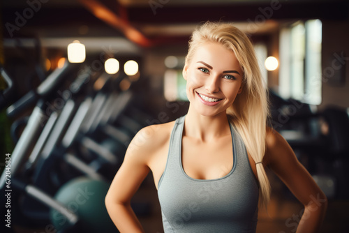 Young sporty woman doing sport in the gym center, run on treadmill . Healthy lifestyle