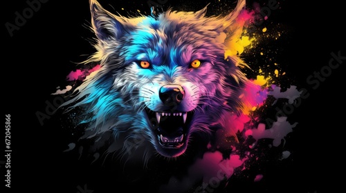 Impressive wolf predatory beast color painting motif, cool t-shirt pattern for printing, Animal that hunts its prey and eats its meat. Generative AI, Isolated on black background photo