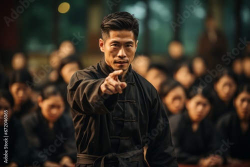 Wushu instructor guiding students in a training session, Generative AI