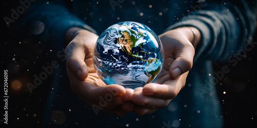 earth in space ,Close up of human hands holding Earth planet ,World water day with a globe in the shape of a water drop falling onto a boy s hand against a blue sea background with generative ai 