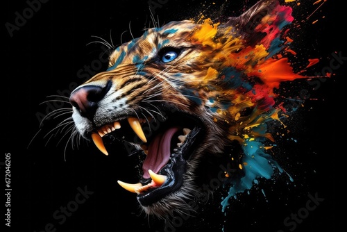 Impressive predatory beast color painting motif, cool t-shirt pattern for printing, Animal that hunts its prey and eats its meat. Generative AI, Isolated on black background photo