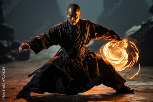 Wushu practitioner demonstrating a graceful sword form, Generative AI  photo