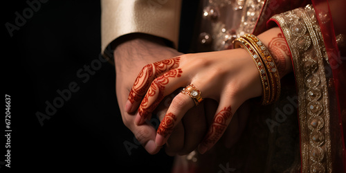 A bride is wearing a ring on the groom's finger ,The bride and groom hands holding & showing wedding jewelry rings with generative ai 