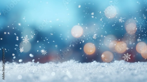 Christmas winter background with snow and blurred bokeh.Merry christmas and happy new year greeting card 