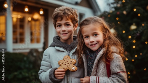 Happy siblings standing with gingerbread man cookies outside