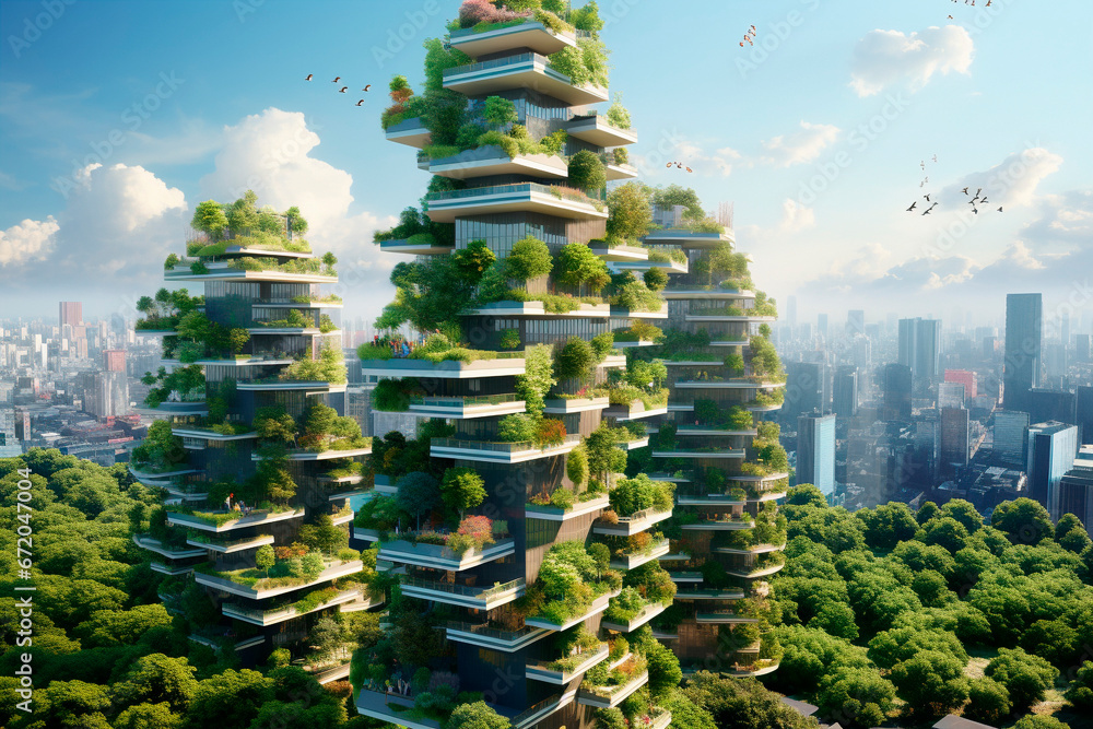 Obraz premium Skyscrapers in eco-friendly architecture. Sustainable relationship between nature and man.