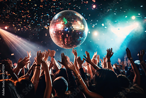 Party in concert stage with disco ball of the disco era photo