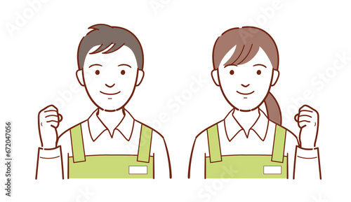 エプロンのユニフォーム姿の若い男女イラスト（店員や介護スタッフ・保育士など）