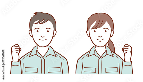 作業服姿の若い男女のイラスト　建設・工事・工場スタッフなど