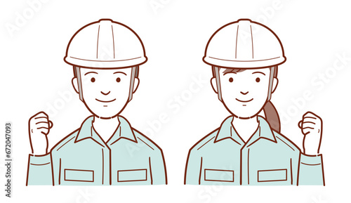 ヘルメット・作業服姿の若い男女のイラスト　建設・工事・工場など作業員