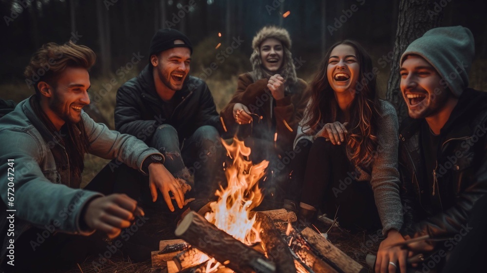 Joyous group of millennials laughing and bonding around a campfire, embodying friendship and fun during a wilderness camping