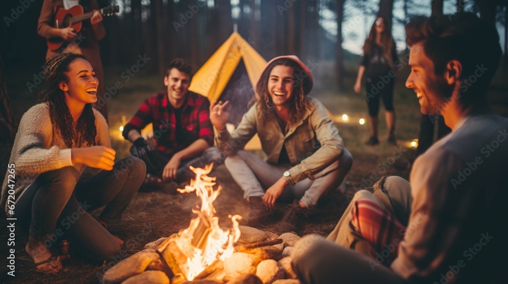 Joyous group of millennials laughing and bonding around a campfire, embodying friendship and fun during a wilderness camping