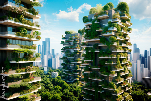Skyscrapers in eco-friendly architecture. Sustainable relationship between nature and man.