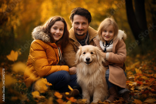Happy Family and Pet Dog Autumn