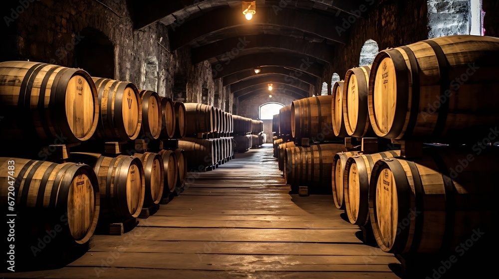 Cellar of the Ararat brandy factory. Close up barrels of cognac in the cellar. : Generative AI