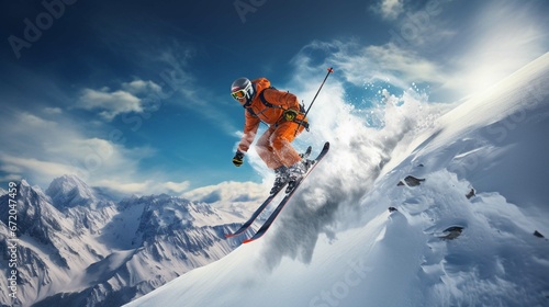 skier jumping in the snow mountains on the slope with his ski and professional equipment  © Ahtesham