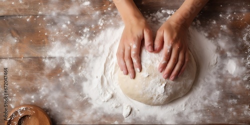 woman hands preparing dough top down view : Generative AI